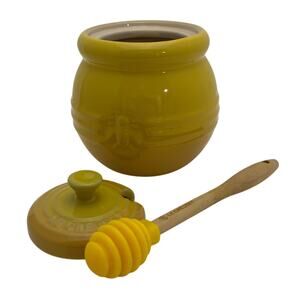 Le Creuset Honey Pot Yellow Silicone Dipper Lid Honeybee Sugar Bowl Stoneware